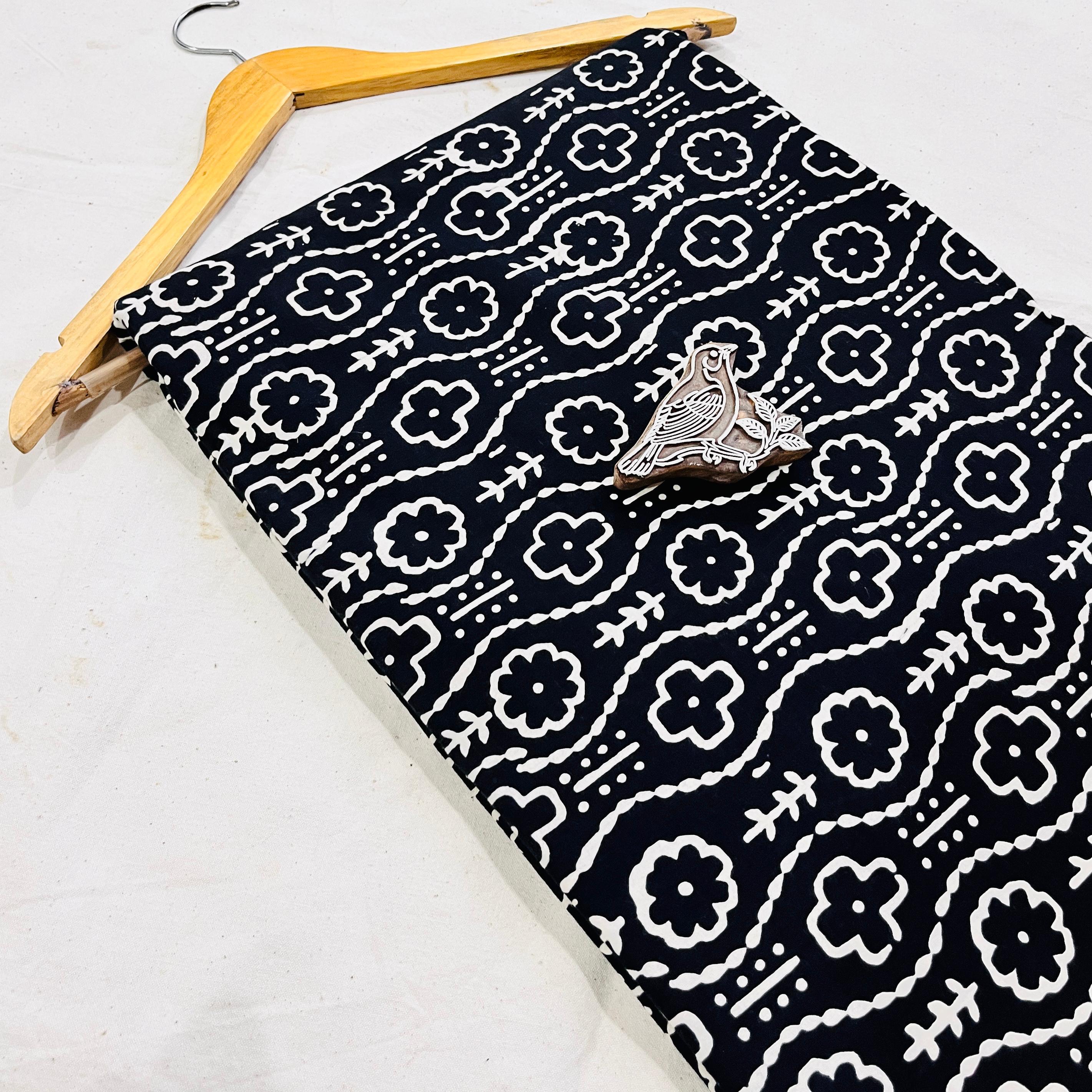 Black white geometrical Dabu handblock cotton fabric, pure cotton mud resist design for wholesale